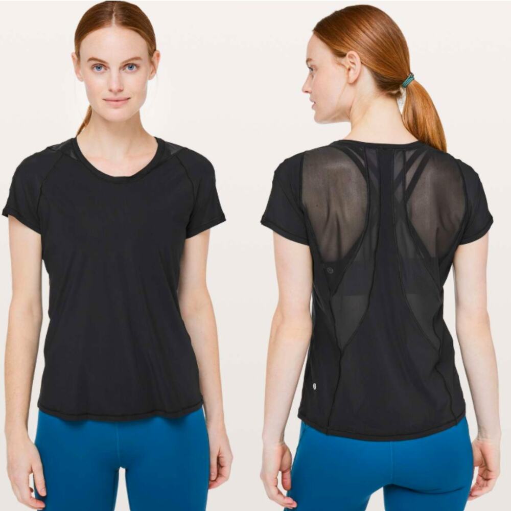Lululemon Seek The Heat Mesh Back Short Sleeve Workout Active Top Black Sz Large